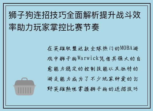 狮子狗连招技巧全面解析提升战斗效率助力玩家掌控比赛节奏