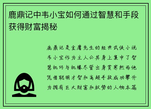 鹿鼎记中韦小宝如何通过智慧和手段获得财富揭秘